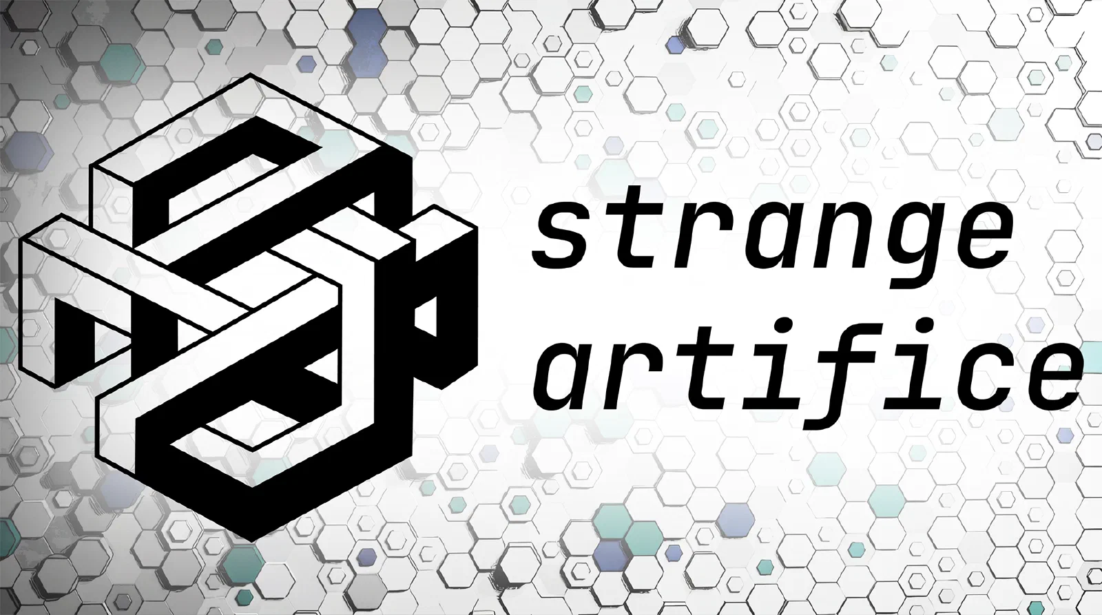 The logo for Strange Artifice — a Penrose impossible-shape similar to a hexagon — set against a grid of multicoloured hexagonal tiles.